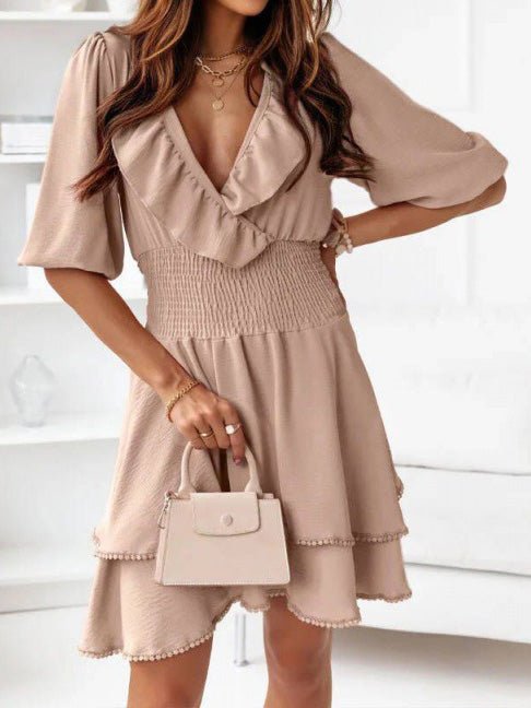 Women's Dresses Solid V-Neck Elastic Waist Ruffle Dress