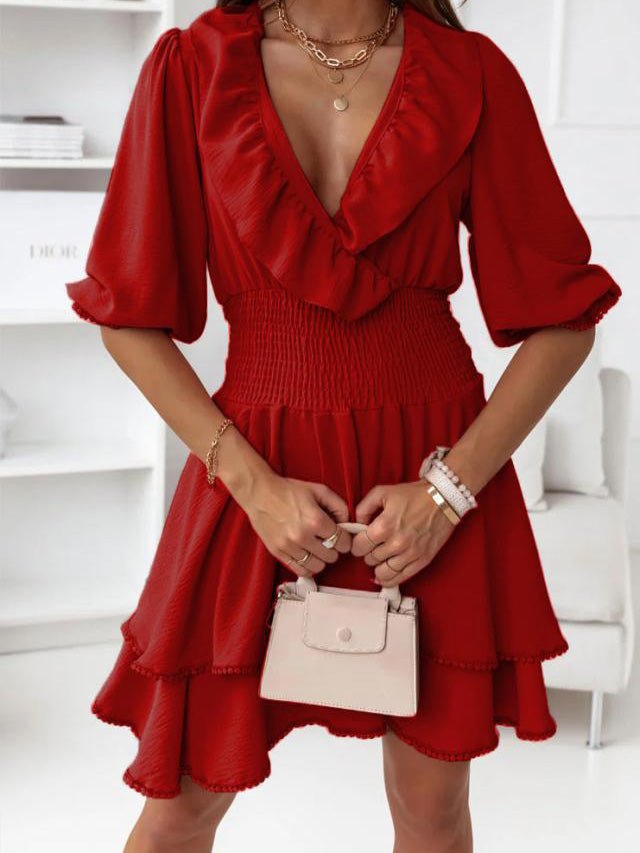 Women's Dresses Solid V-Neck Elastic Waist Ruffle Dress