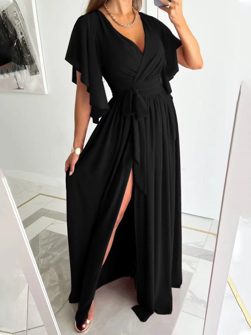 Women's Dresses Solid V-Neck Flared Sleeve Slit Dress