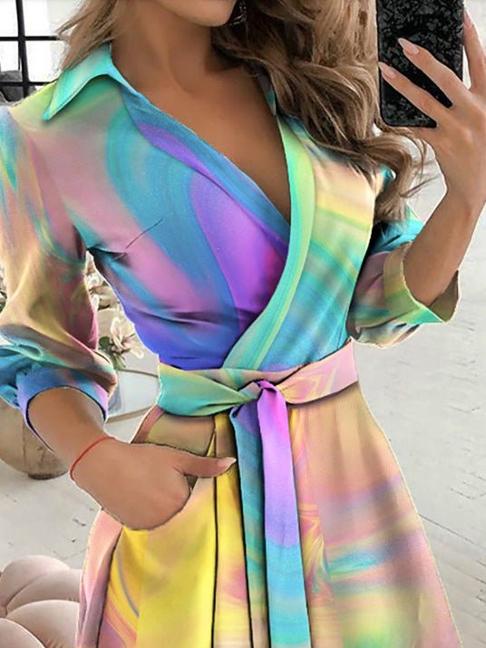 Robe Manches Longues Col en V Imprimé Tie-dye