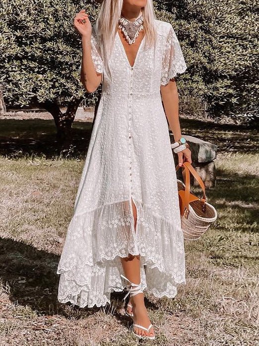 Women's Dresses V-Neck Lace Button Short Sleeve Dress