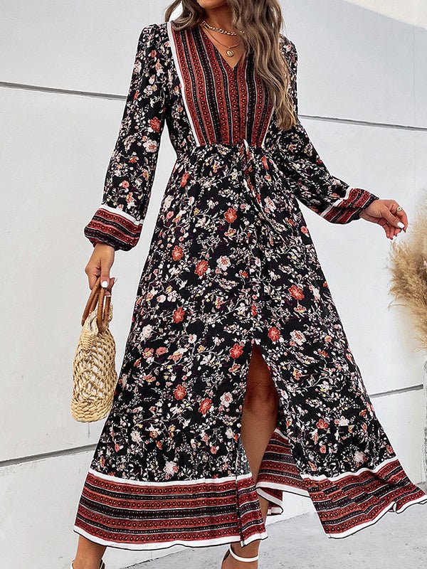 Women's Dresses V-Neck Puff Sleeves Slit Boho Midi Dress