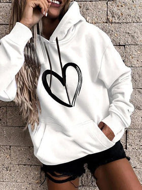 Women's Hoodies Heart Print Pocket Long Sleeve Casual Hoody