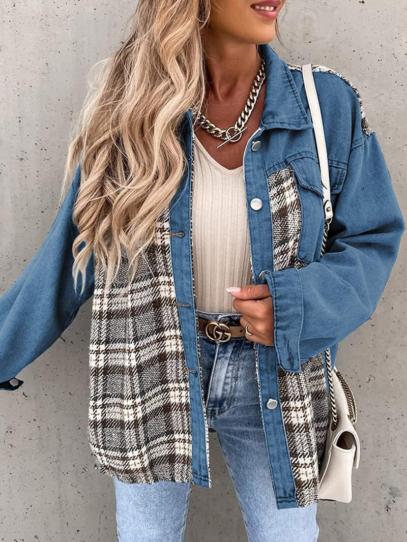 Women's Jackets Check Panel Button Long Sleeve Denim Jacket