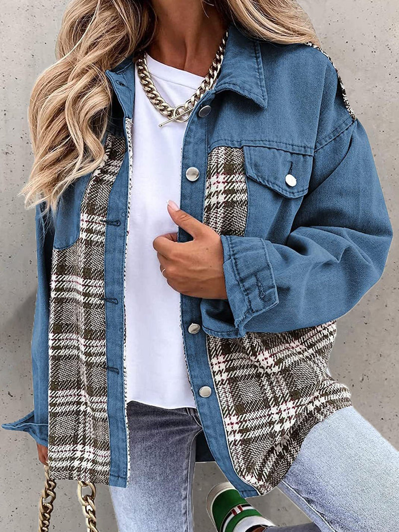 Women's Jackets Check Panel Button Long Sleeve Denim Jacket