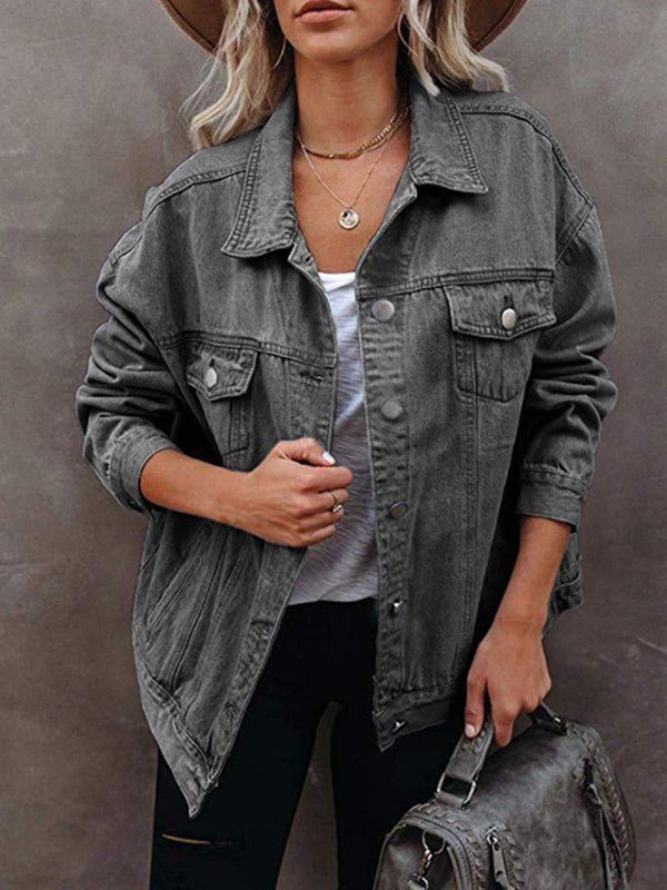 Veste en Denim Uni Boutonnée avec Poche Rabat