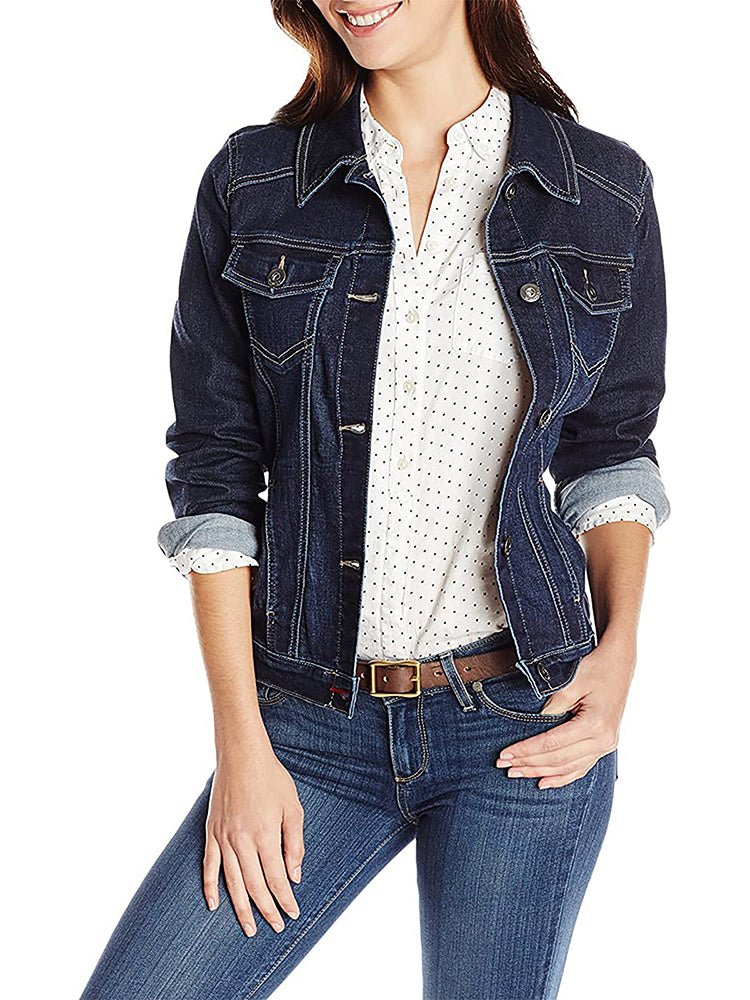 Veste en Jean Boutonnage Simple avec Poche Rabat Unie