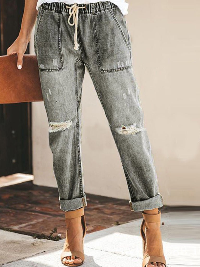 Women's Jeans Lace-Up Pocket Straight Jeans