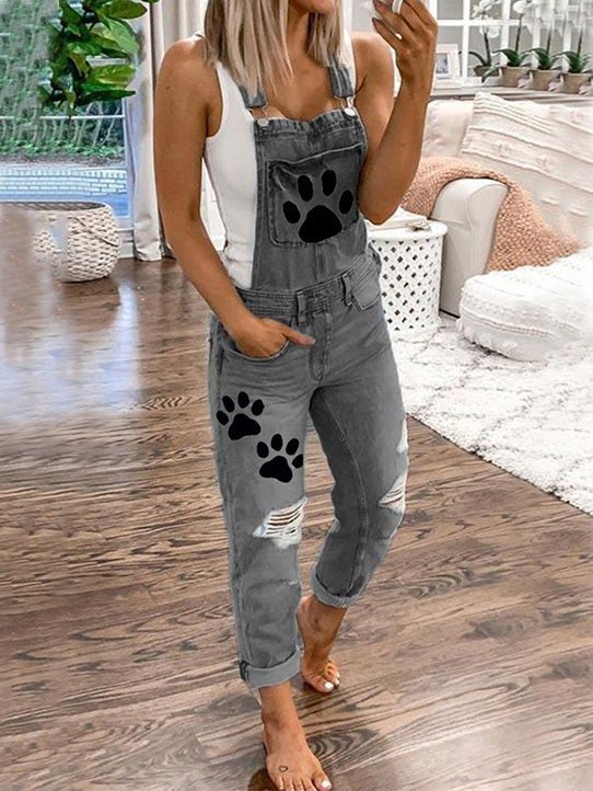 Women's Jumpsuits Animal Paw Washed Ripped Denim Jumpsuit