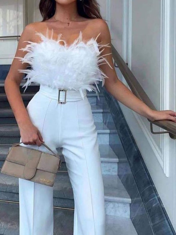 Women's Jumpsuits Feather Bandeau Belt Jumpsuit