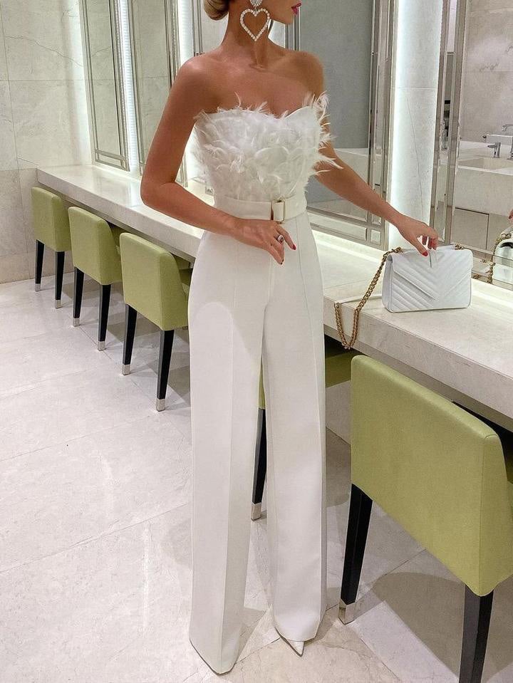 Women's Jumpsuits Feather Bandeau Belt Jumpsuit