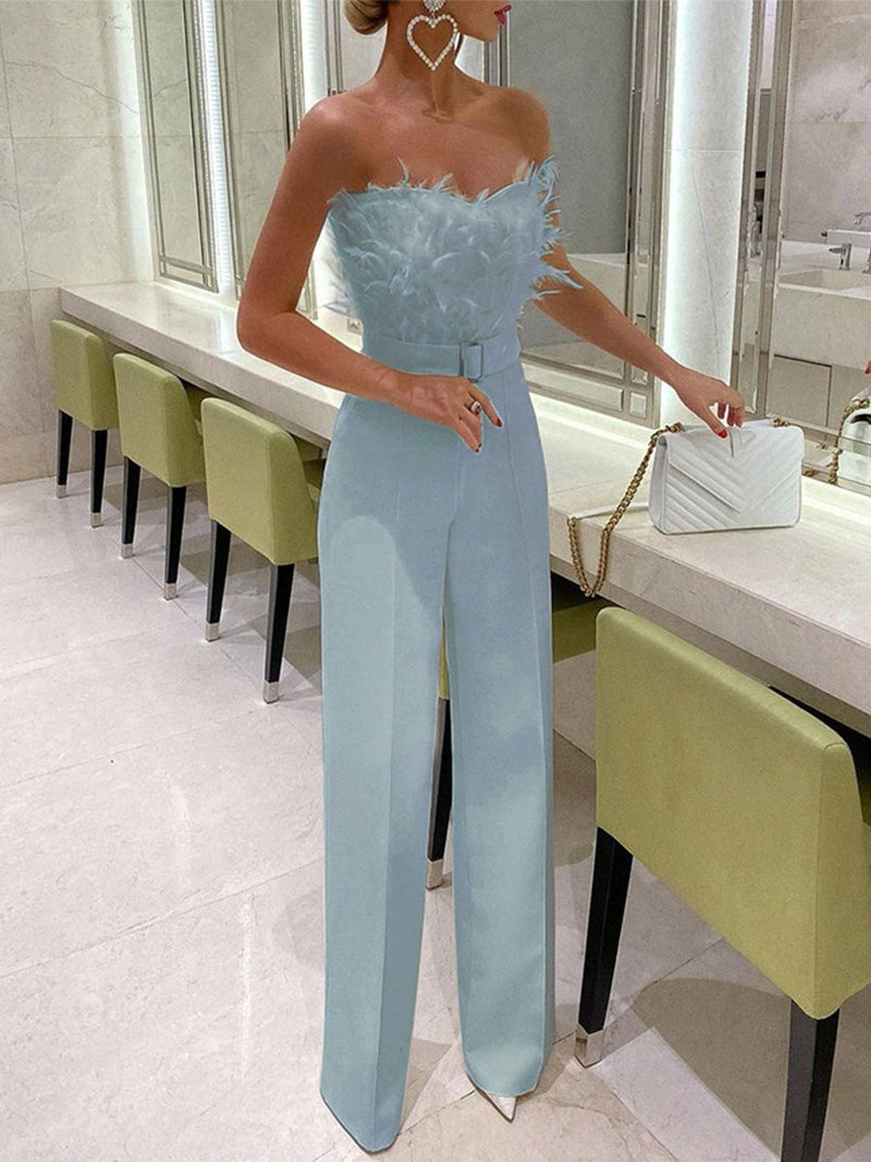 Women's Jumpsuits Feather Bandeau Belt Jumpsuit