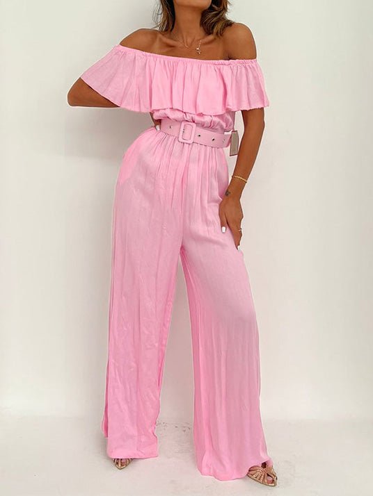 Women's Jumpsuits One-Shoulder Ruffle Belt Wide-Leg Jumpsuit