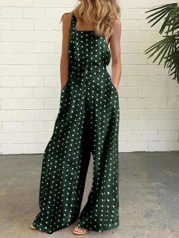 Women's Jumpsuits Polka Dot Print Button Sleeveless Pocket Jumpsuit