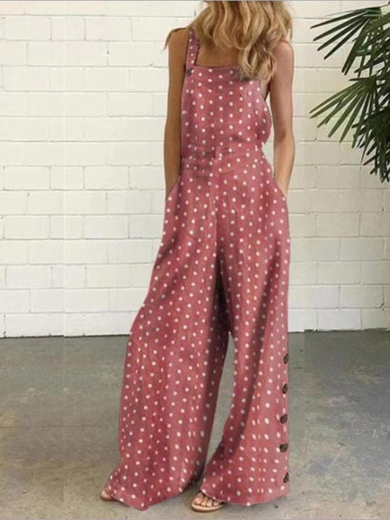 Women's Jumpsuits Polka Dot Print Button Sleeveless Pocket Jumpsuit