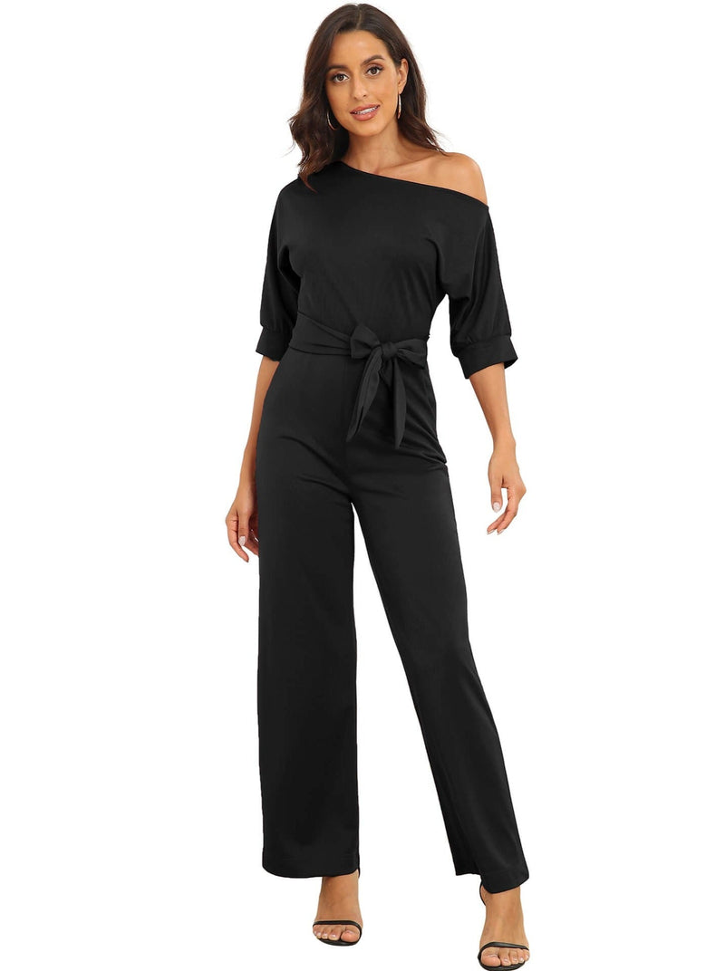 Women's Jumpsuits Sloping Shoulder Pocket Lace Up Jumpsuit