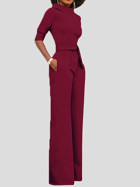 Women's Jumpsuits Solid Five-Point Sleeve Belted Wide-Leg Jumpsuit