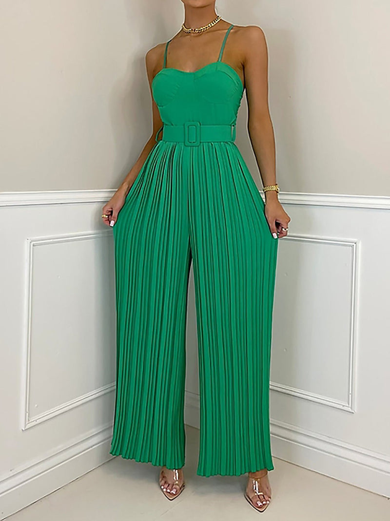 Women's Jumpsuits Solid Sling Belt Pleated Wide-Leg Jumpsuit