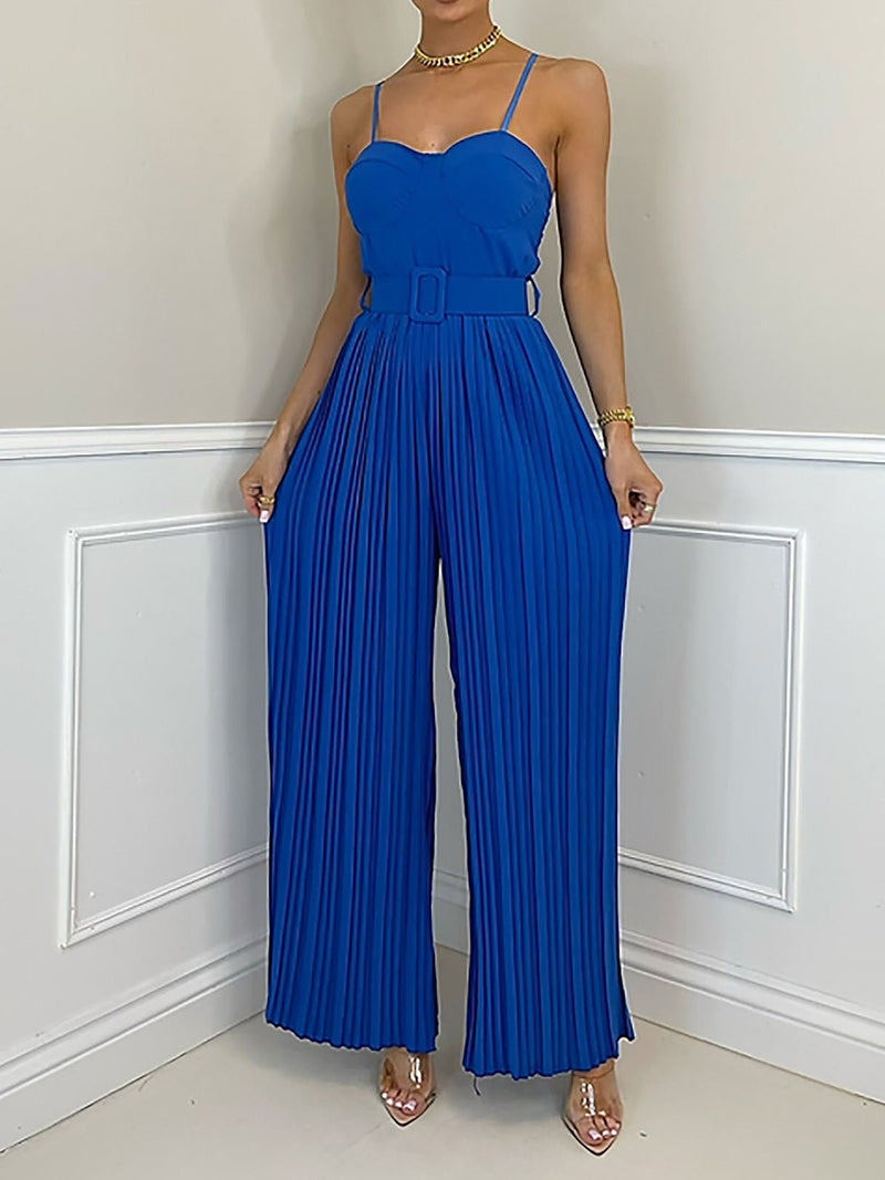 Women's Jumpsuits Solid Sling Belt Pleated Wide-Leg Jumpsuit