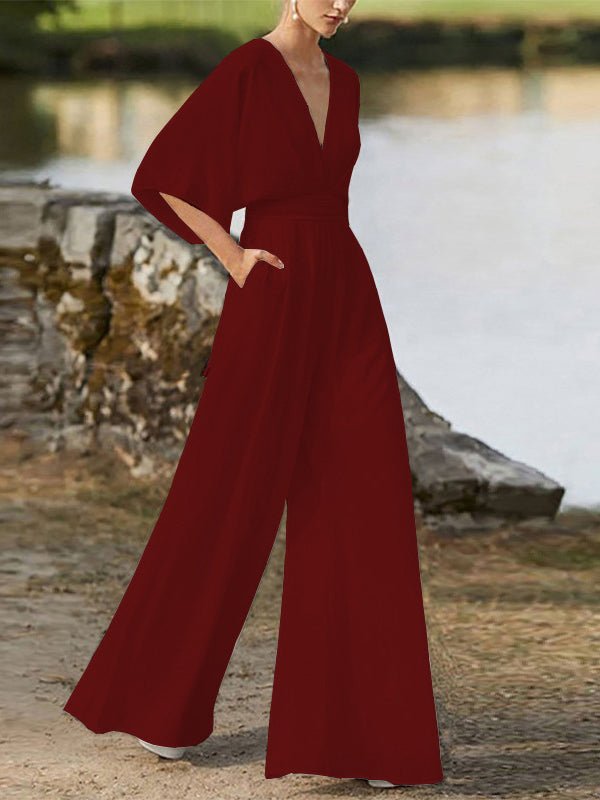 Women's Jumpsuits V-Neck High Waist Wide Leg Jumpsuit