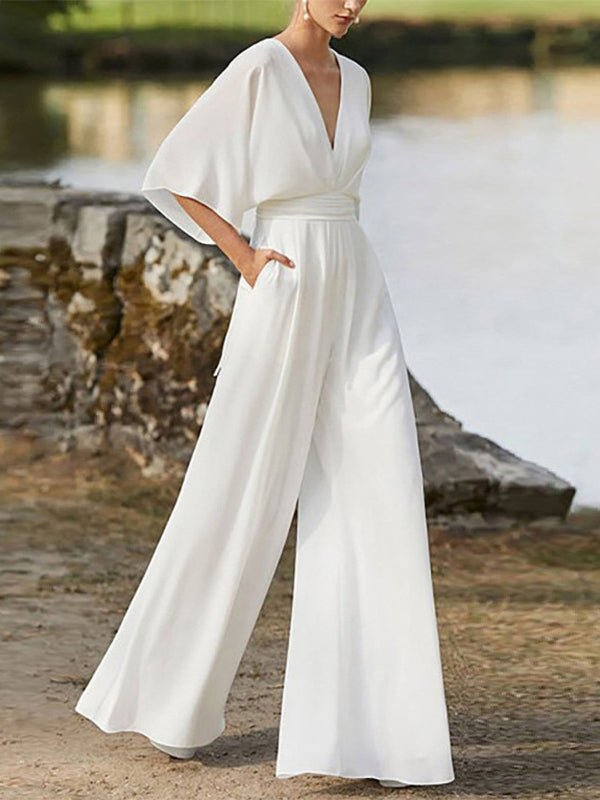 Women's Jumpsuits V-Neck High Waist Wide Leg Jumpsuit