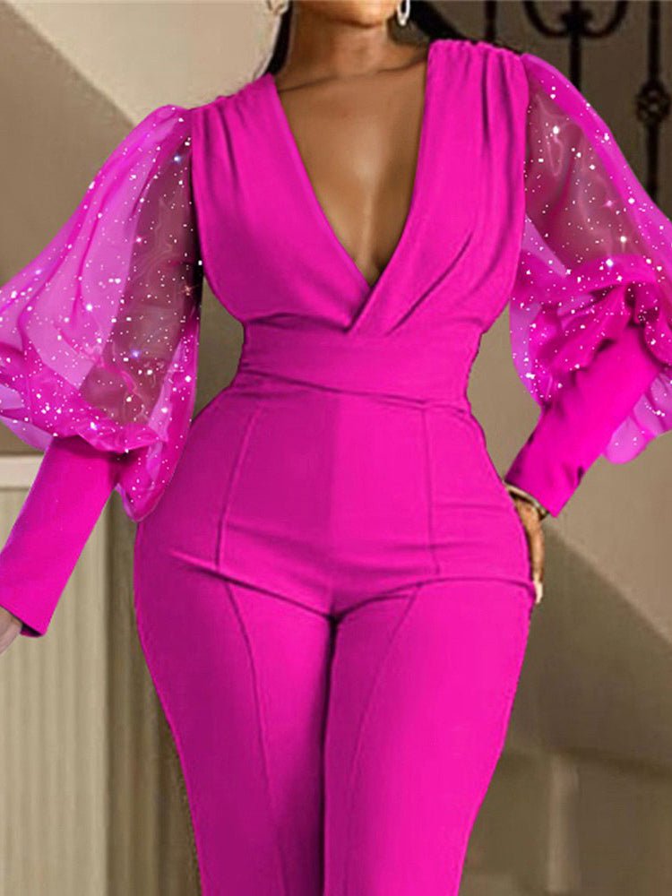 Women's Jumpsuits V-Neck Mesh Panel Long Sleeve Slim Jumpsuits