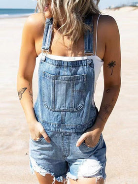 Women's Jumpsuits Washed Pockets Shredded Straight Denim Jumpsuit