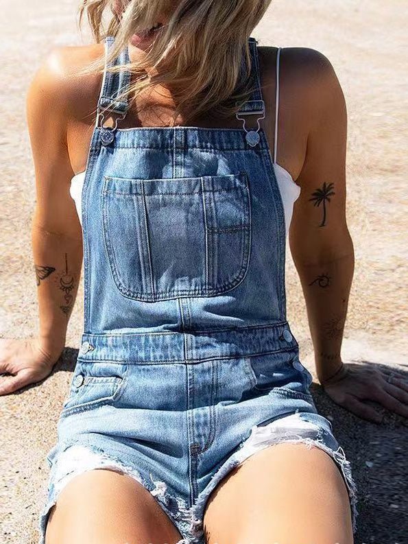 Women's Jumpsuits Washed Pockets Shredded Straight Denim Jumpsuit