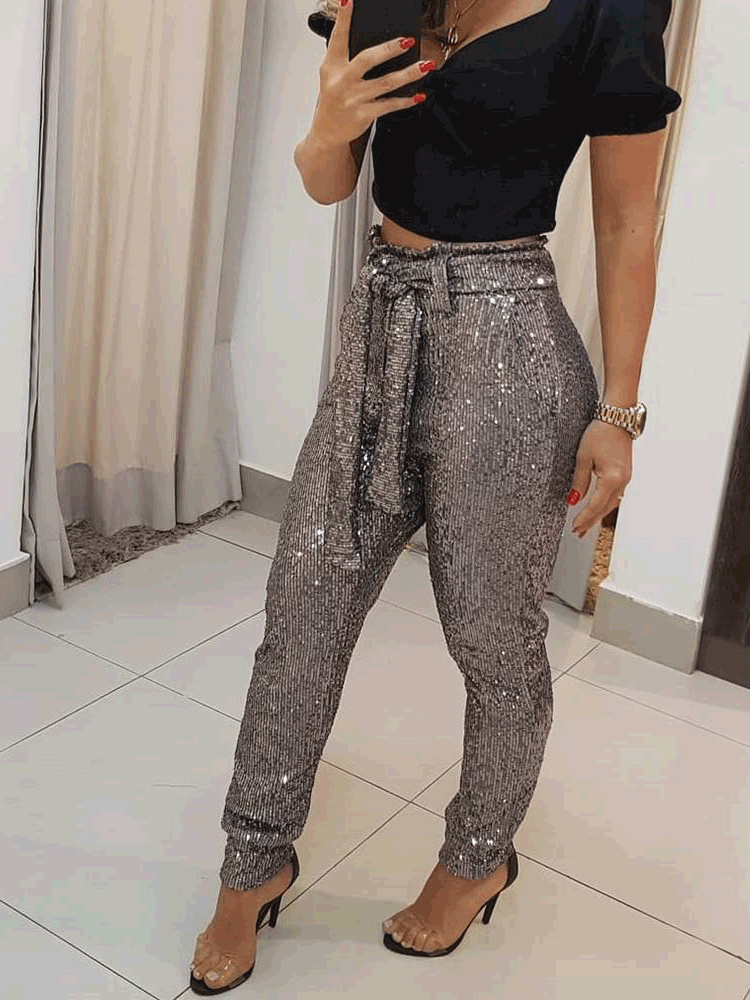 Women's Pants Belted Sequin Pocket Harem Pants