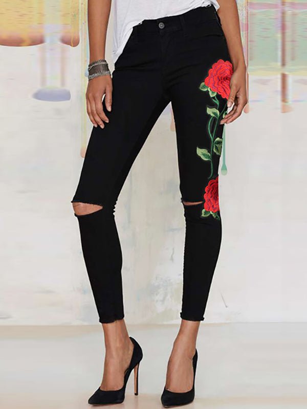 Women's Pants Denim Embroidered High Waist Jeans