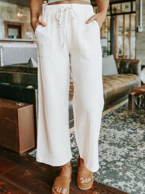 Women's Pants Elastic Waist Lace-Up Patch Pockets Wide Leg Pants