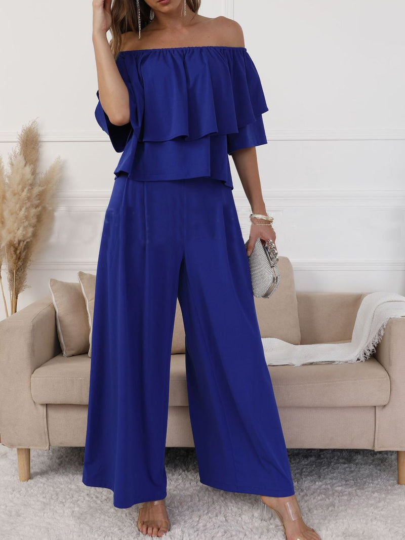 Women's Sets One-Shoulder Ruffle Top & Wide Leg Pants Two Piece Set