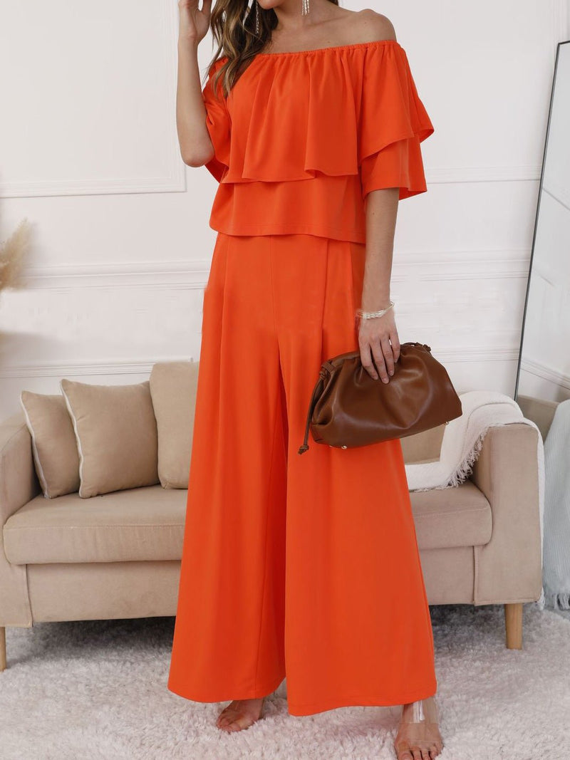 Women's Sets One-Shoulder Ruffle Top & Wide Leg Pants Two Piece Set