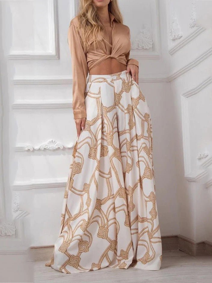 Women's Sets Printed Lace-Up Shirt & Wide Leg Pants Two-Piece Set