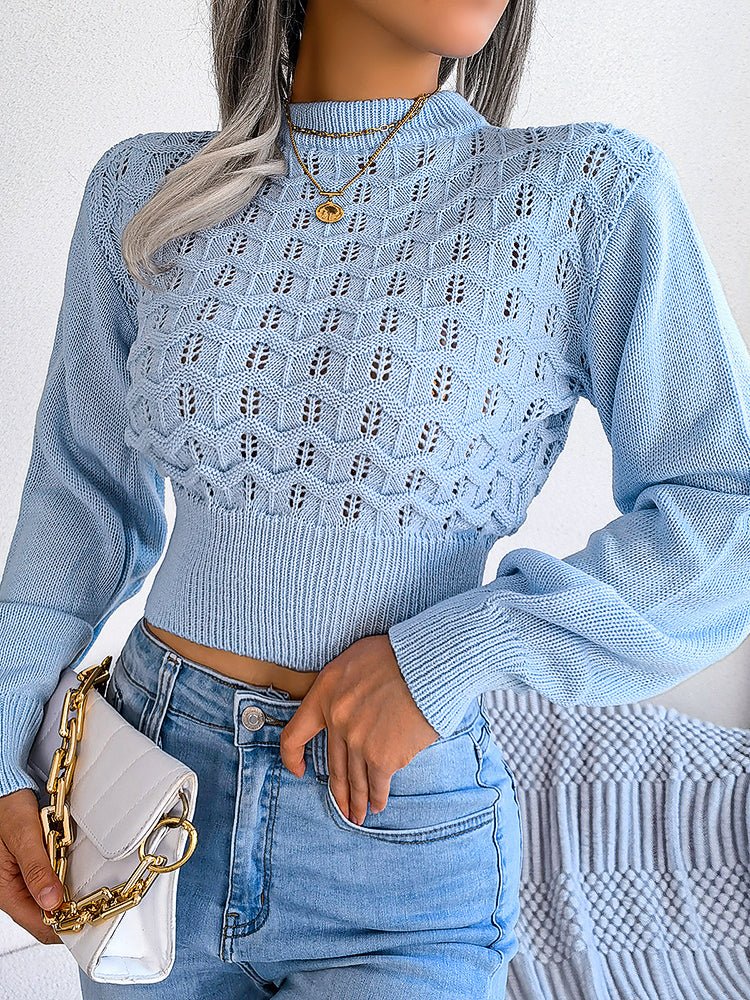 Women's Sweaters Cutout Striped Balloon Sleeve Cropped Knit Sweater