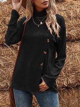 Women's Sweaters Long Sleeve Asymmetric Button Split High Neck Sweater