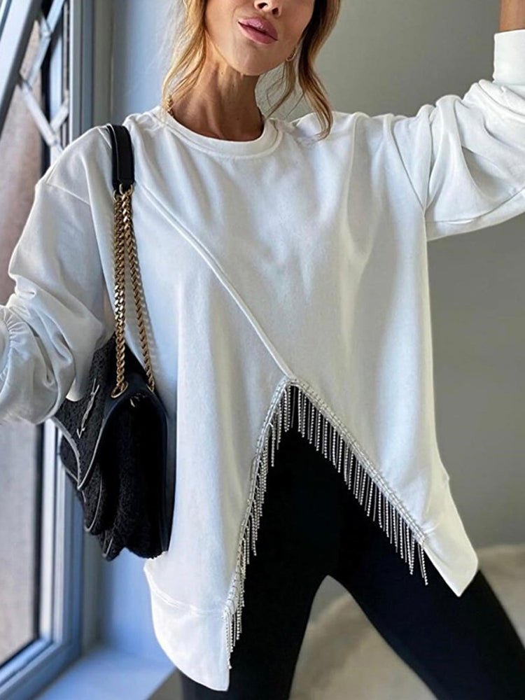 Women's Hoodies Round Neck Solid Split Tassel Loose Casual Hoodie