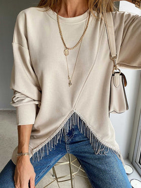 Women's Hoodies Round Neck Solid Split Tassel Loose Casual Hoodie