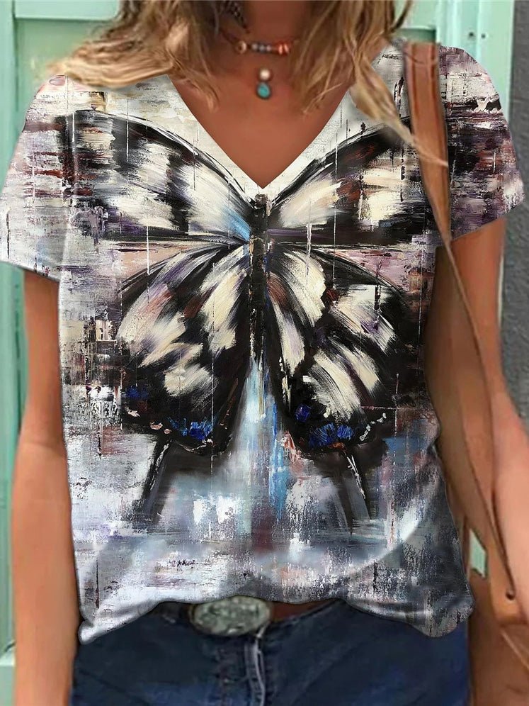 T-Shirt Manches Courtes Col en V Imprimé Papillon