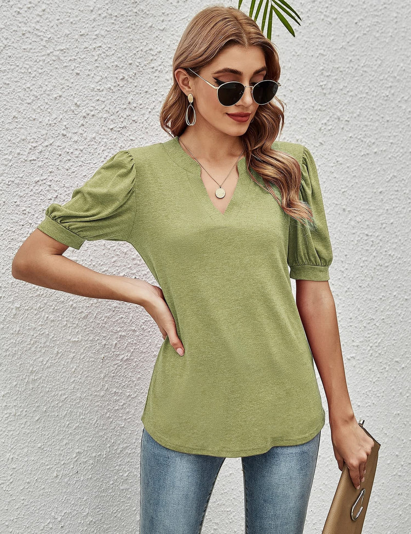 Women's T-Shirts Casual V-Neck Loose Puff Sleeve T-Shirt