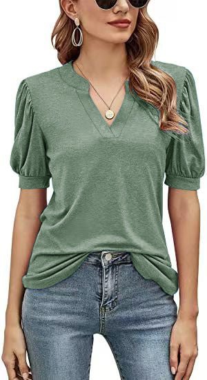 Women's T-Shirts Casual V-Neck Loose Puff Sleeve T-Shirt