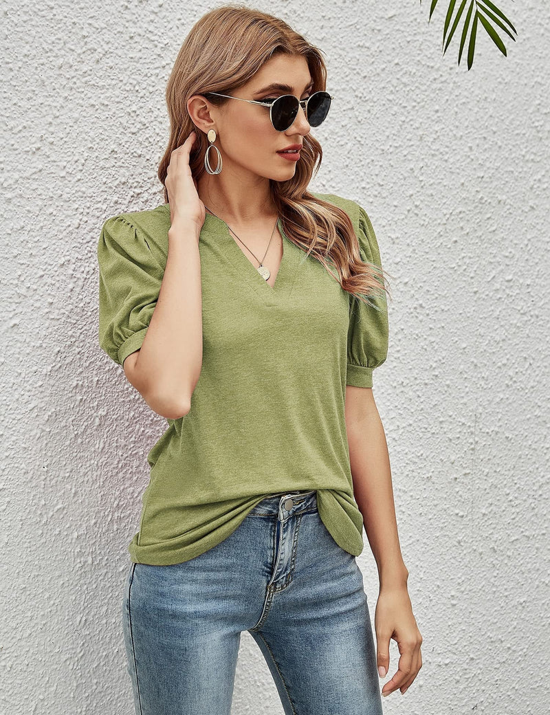 Women's T-Shirts Casual V-Neck Loose Puff Sleeve T-Shirt