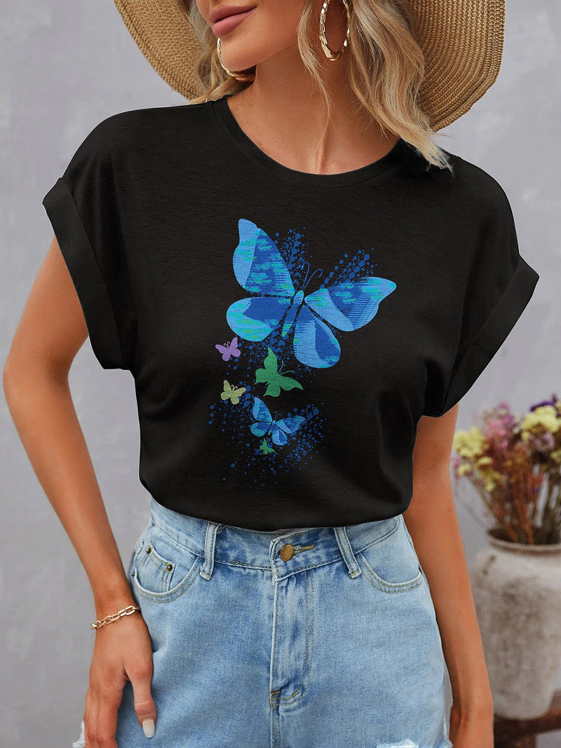 Women's T-Shirts Dolman Short Sleeve Round Neck Butterflies Print T-Shirt