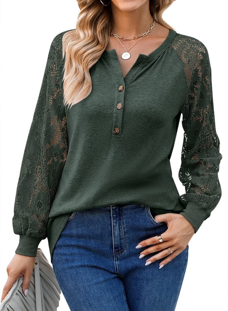 Women¡¯s T-Shirts Long Sleeve Lace V Neck Button Loose T-Shirt