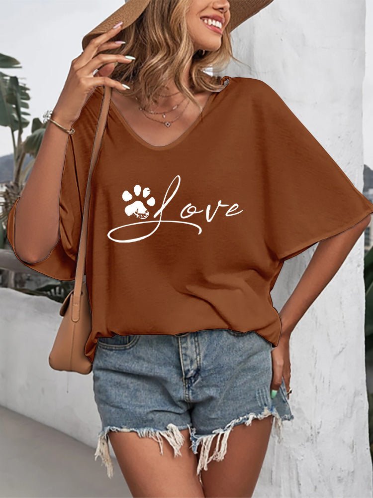 Women's T-Shirts Mid Sleeve V Neck Animal Paw Print T-Shirt