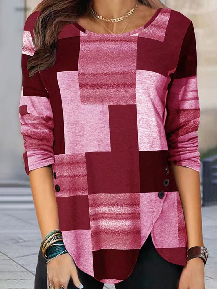 Women's T-Shirts Plaid Loose Round Neck Long Sleeve T-Shirt