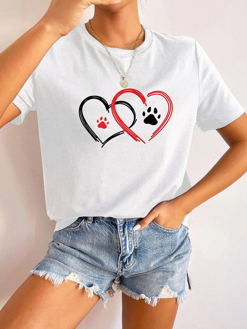 Women's T-Shirts Short Sleeve Round Neck Overlapping Hearts Print T-Shirt