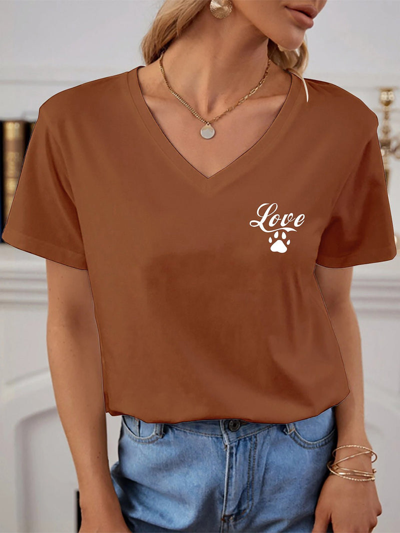 Women's T-Shirts Short Sleeve V Neck Paw Print T-Shirt