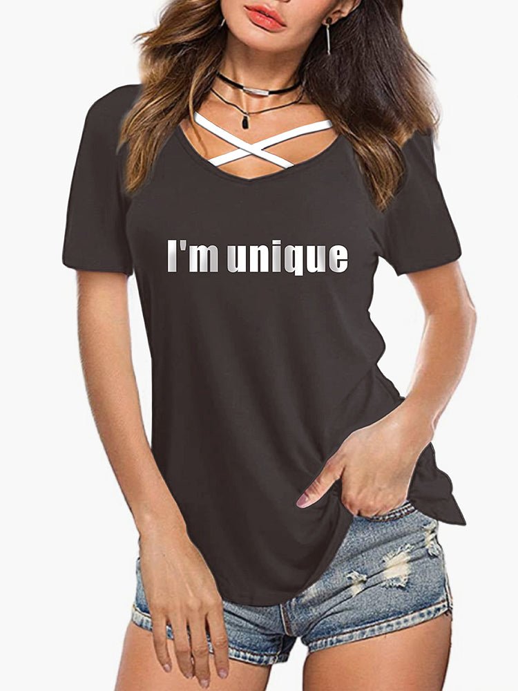 Women's T-Shirts Short Sleeves Cross Strap Printed T-Shirt