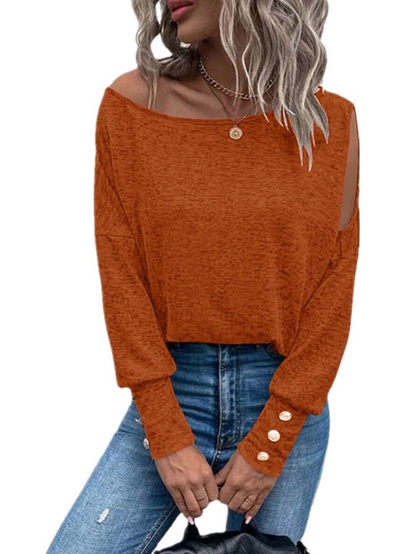 Women's T-Shirts Solid Off Shoulder Long Sleeves Buttoned Cuff T-Shirt